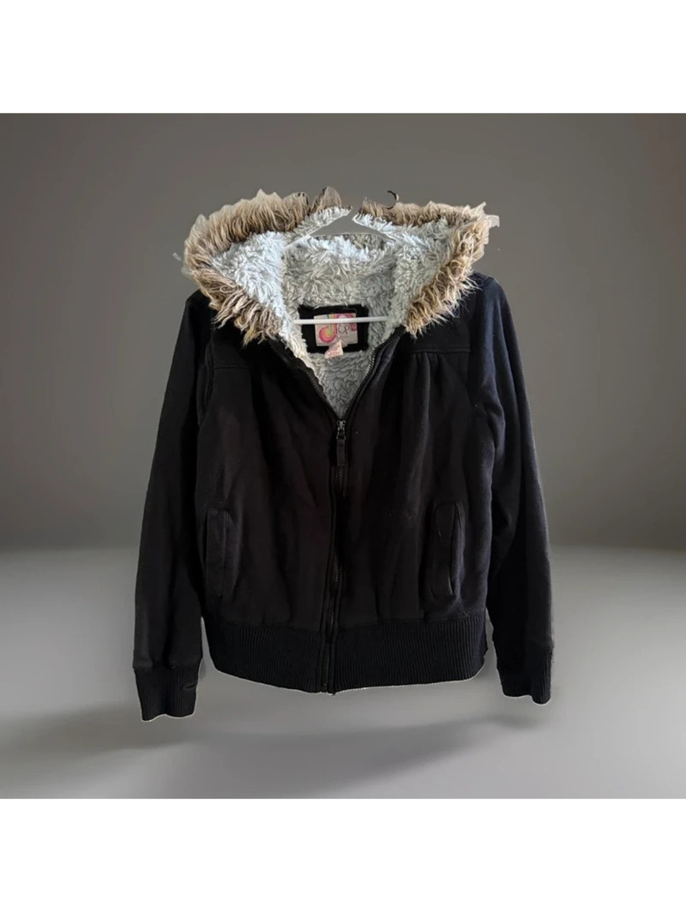 OP Girls L 11-13 Black Sherpa Lined Hoodie Jacket Faux Fur Y2K Women Small